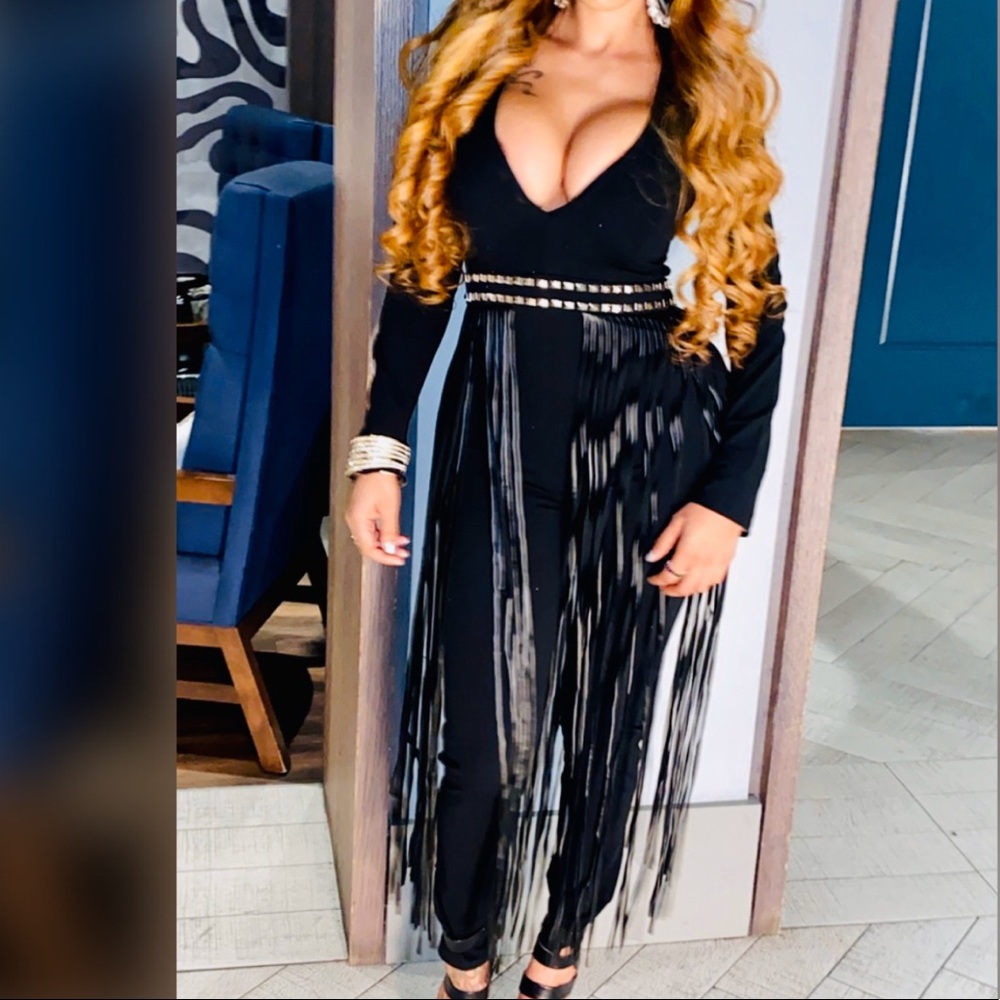 Deep V-Neck Fringe Jumpsuit